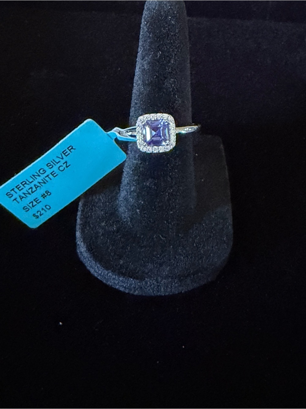 NWT Sterling Silver Tanzanite CZ Halo Ring Size 8 Princess Cut 925
